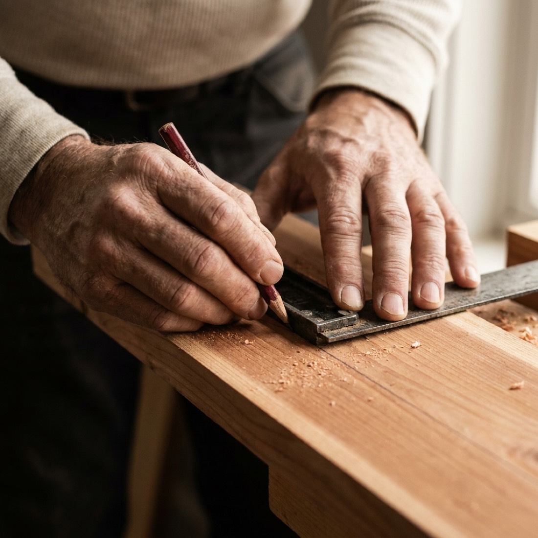 Hand-marking a cut on cedar