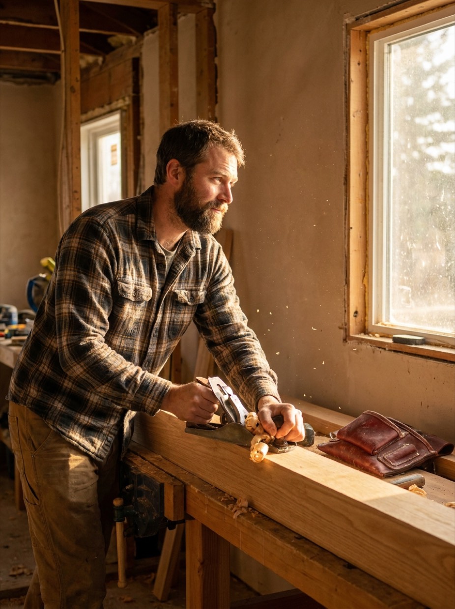 Dymianiw planing a length of solid oak by hand in a half-renovated Red Deer home