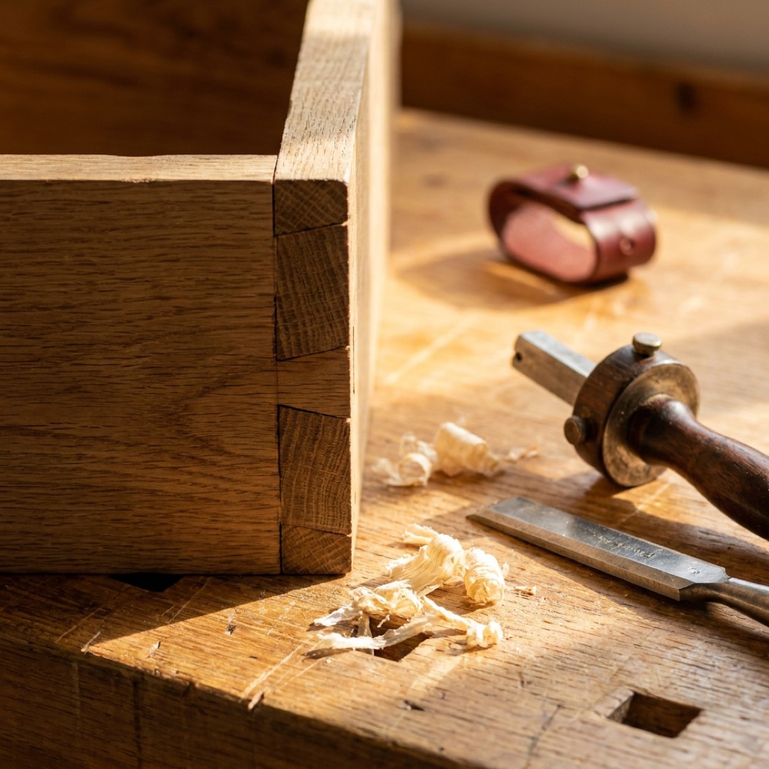 Hand-cut dovetail joints in solid oak, with a chisel and marking gauge on the bench