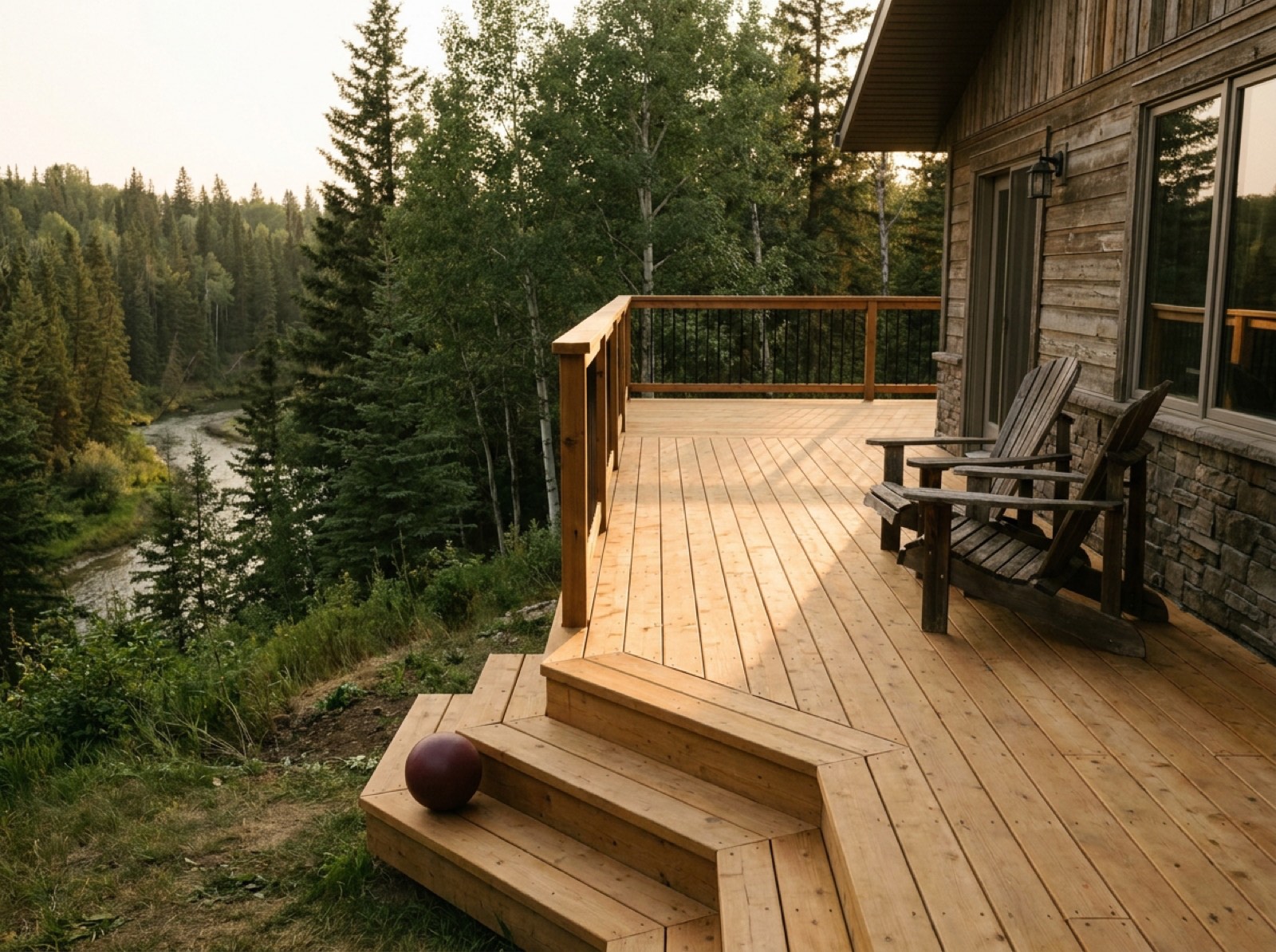 Cedar deck opening onto spruce and aspen above a Central Alberta river valley at golden hour