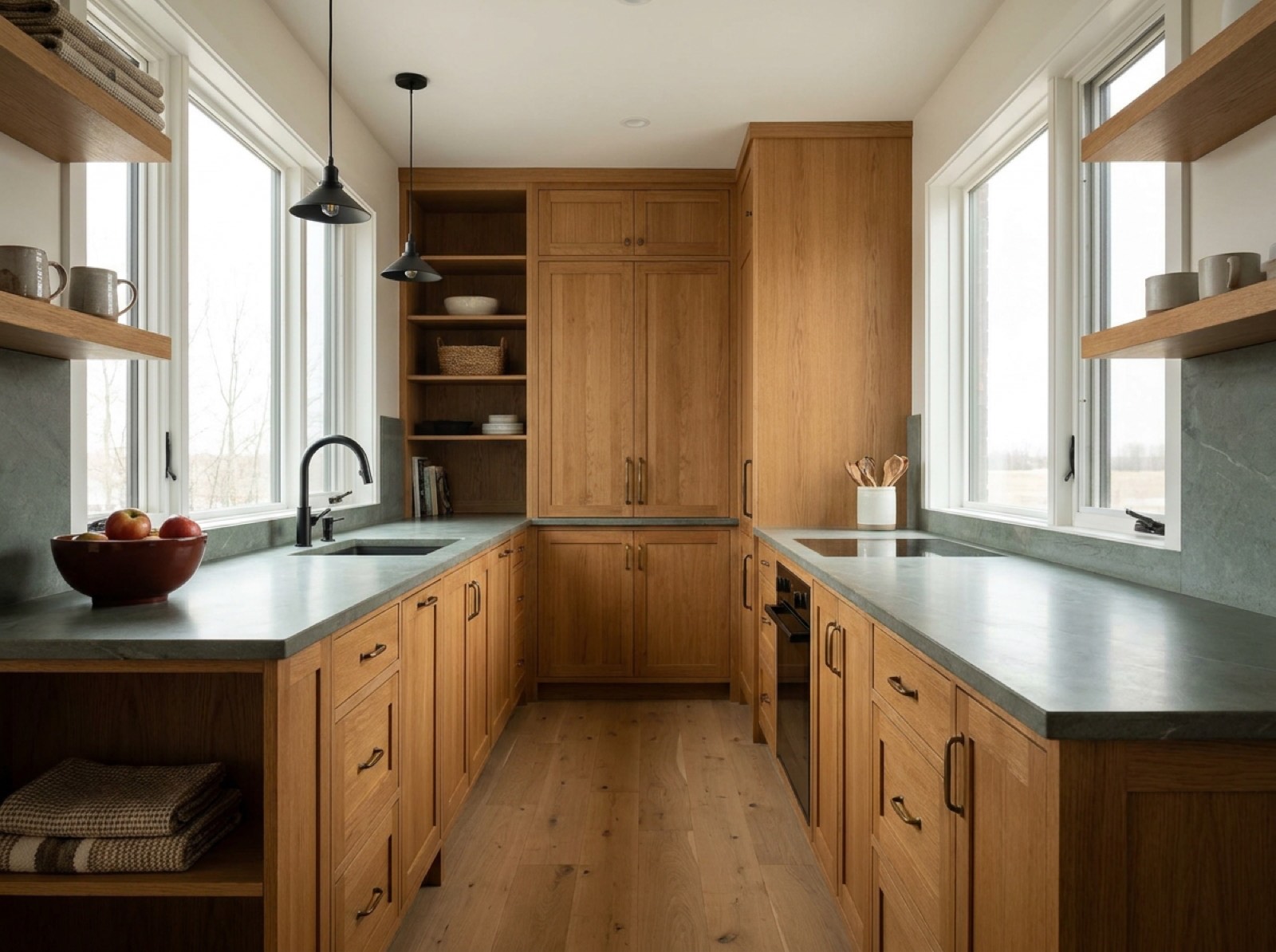 Custom solid-oak kitchen with honed stone counters in a Red Deer home