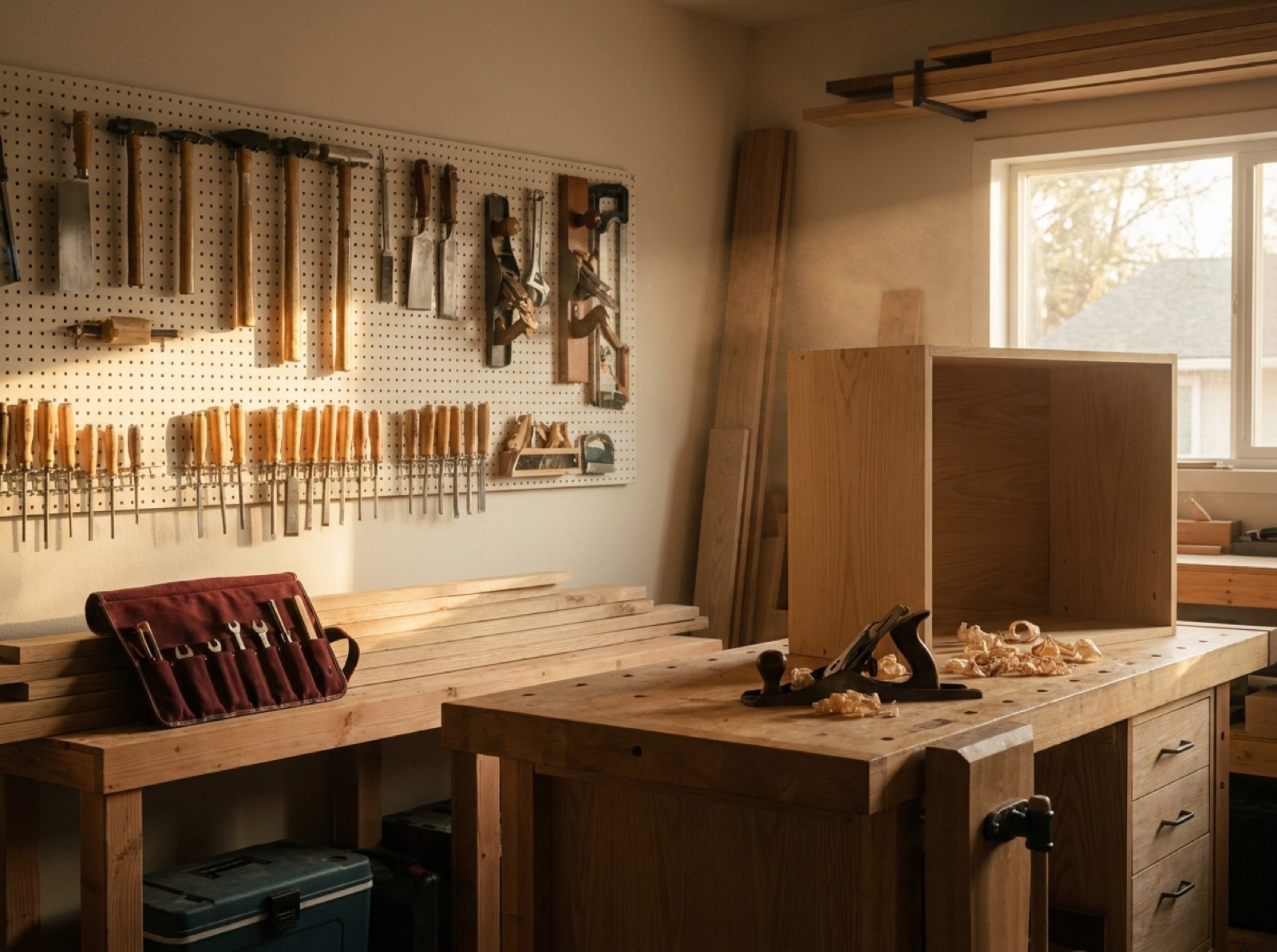 Dymianiw's carpentry workshop with hand tools and a cabinet in progress